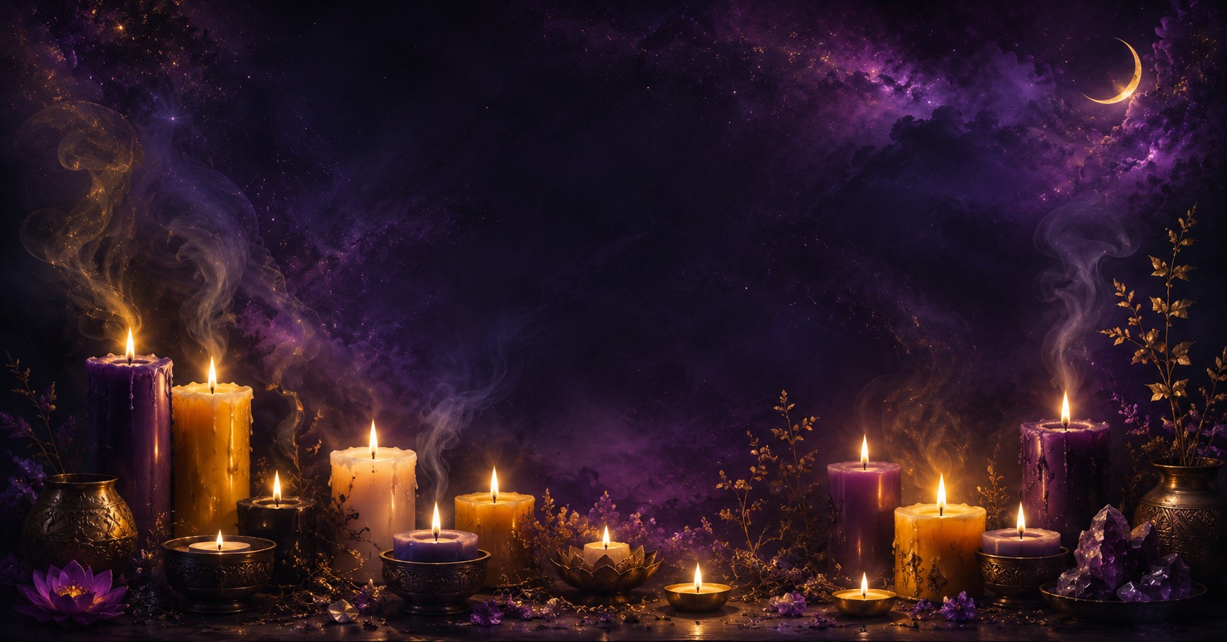 Velas coloridas acesas em um altar místico